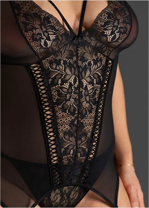 Korsett med strumpebandsh&aring;llare och stringtrosa (2 delar), bonprix