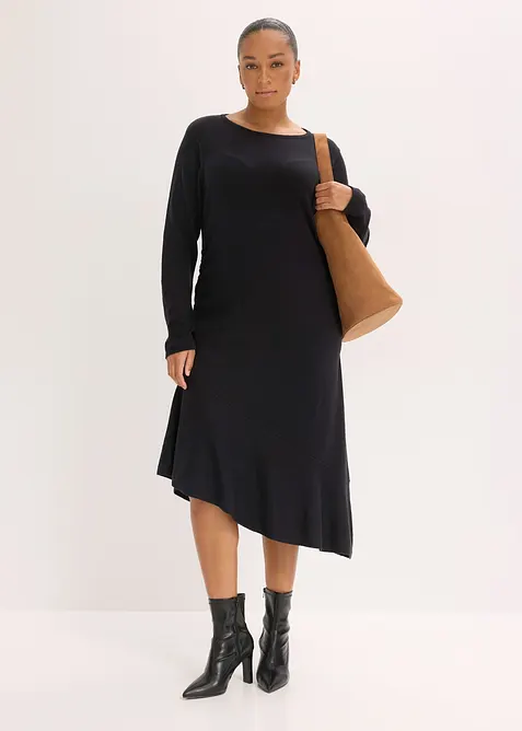 Stickad kl&auml;nning med asymmetrisk nederkant i bomull och kashmir, bonprix