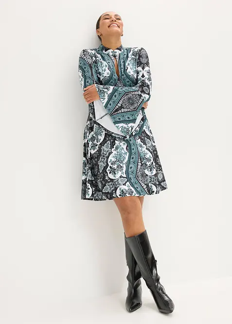 Jerseykl&auml;nning med st&aring;krage och volang&auml;rm, bonprix