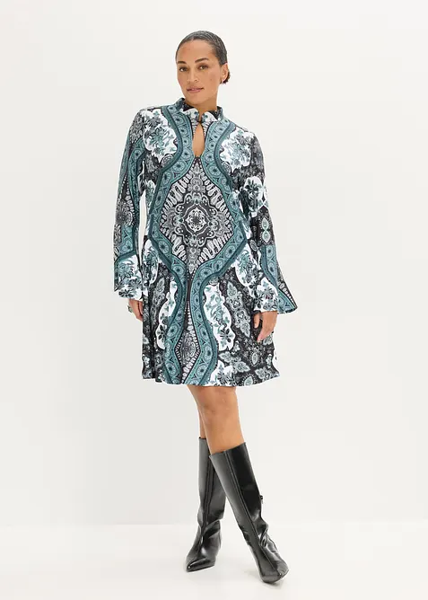 Jerseykl&auml;nning med st&aring;krage och volang&auml;rm, bonprix