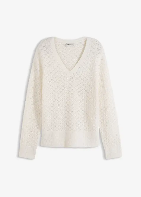 H&aring;lstickad tr&ouml;ja med fj&auml;dergarn, bonprix