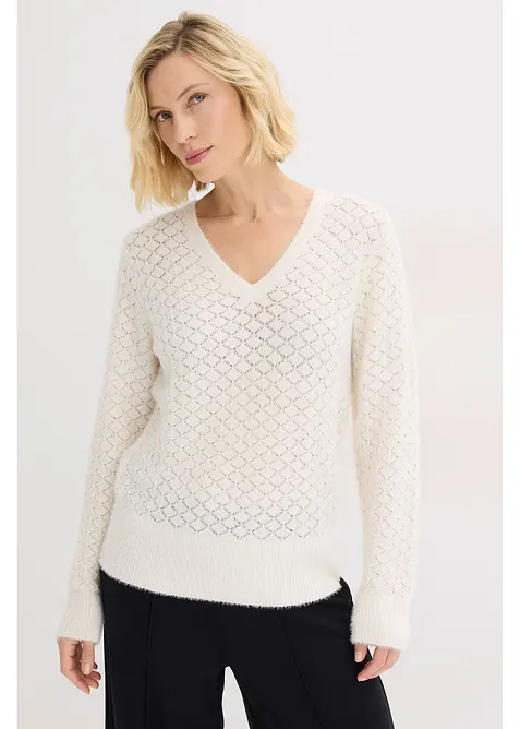 H&aring;lstickad tr&ouml;ja med fj&auml;dergarn, bonprix