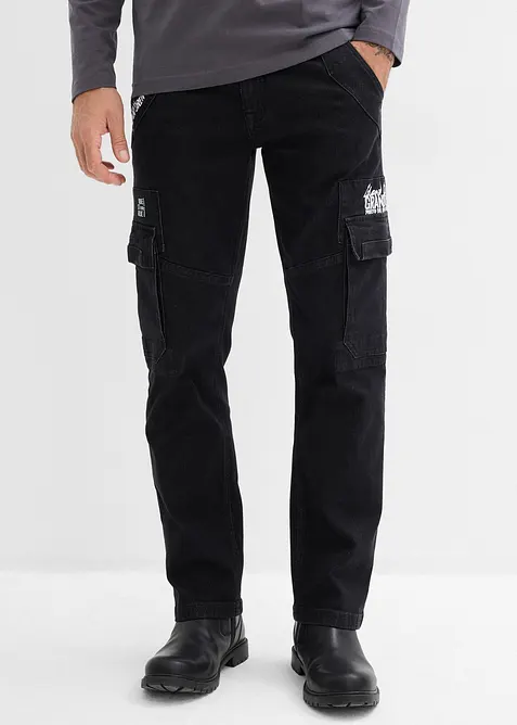 Relaxed Fit Cargo Stretch Jeans med bekv&auml;m midja, Straight, bonprix