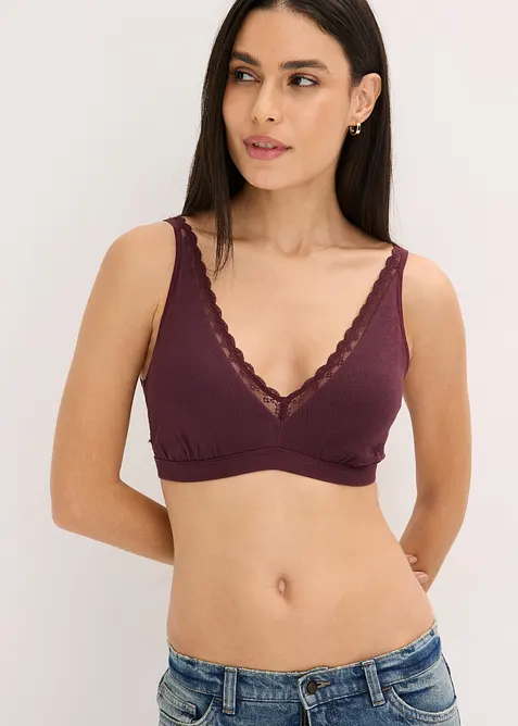Ribbstickad bralette med ekologisk bomull och spets, bonprix