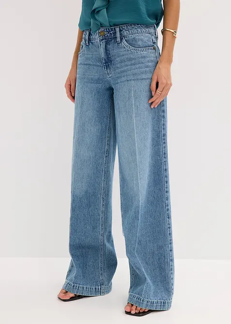 Jeans med vida ben, Mid Waist, Low Stretch Full Length, bonprix