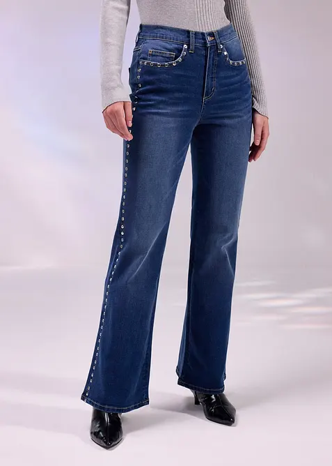 Flared jeans med h&ouml;g midja och nitar, bonprix