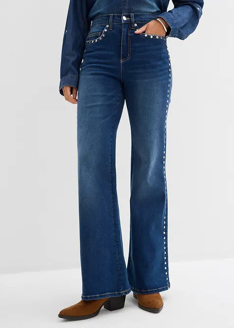 Flared jeans med h&ouml;g midja och nitar, bonprix