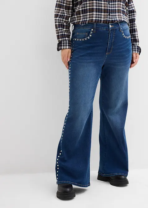 Flared jeans med h&ouml;g midja och nitar, bonprix