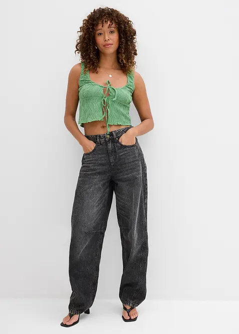 Jeans i Barrel-modell, Mid Waist, Super Soft, bonprix