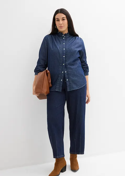 Jeansblus med volanger i ekologisk bomull, bonprix