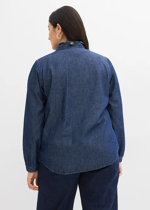 Jeansblus med volanger i ekologisk bomull, bonprix