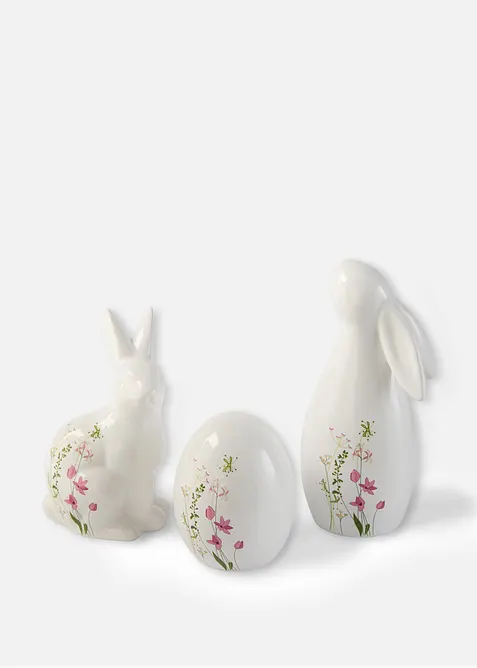 Prydnadsfigur, hare och &auml;gg med blommor (3 delar), bonprix