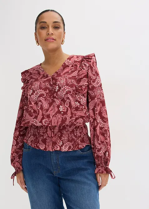 Blus med volanger och smock, bonprix