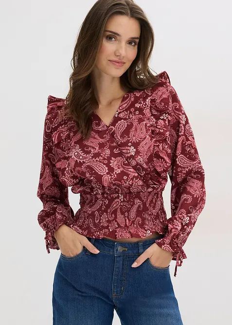 Blus med volanger och smock, bonprix
