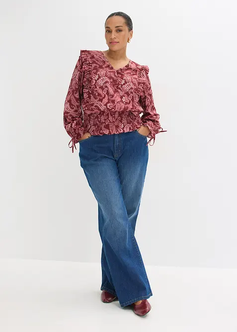 Blus med volanger och smock, bonprix