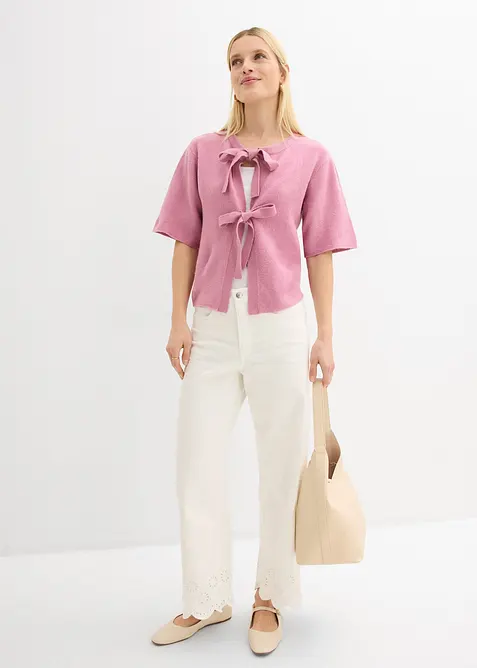 Finstickad cardigan med rosetter, bonprix