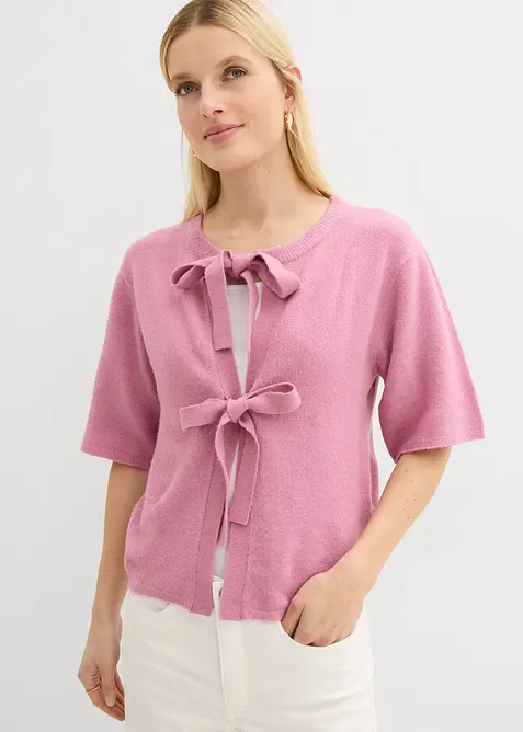 Finstickad cardigan med rosetter, bonprix
