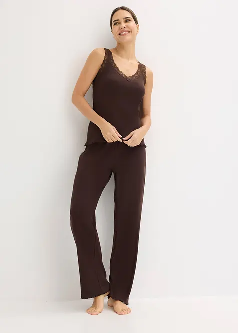 Ribbstickad pyjamas med spets, bonprix
