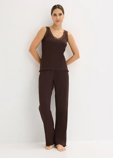 Ribbstickad pyjamas med spets, bonprix