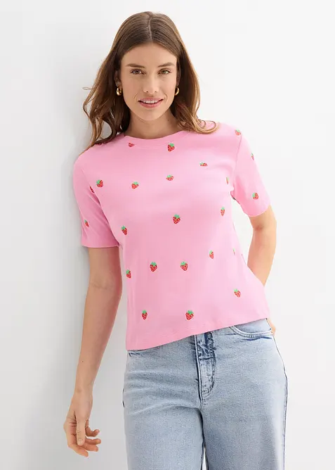 Ribbstickad topp i ekologisk bomull med broderi, bonprix