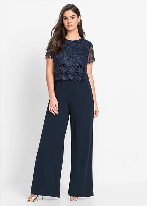 Jumpsuit av stabil trik&aring; med spets, bonprix