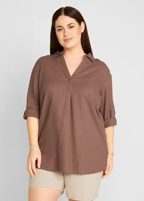 Blus med linne och 3/4-&auml;rmar, bonprix