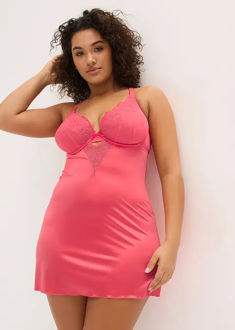 Neglig&eacute; i glansigt material med glittrigt blombroderi, bonprix