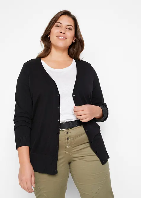 Finstickad cardigan med knappsl&aring;, bonprix