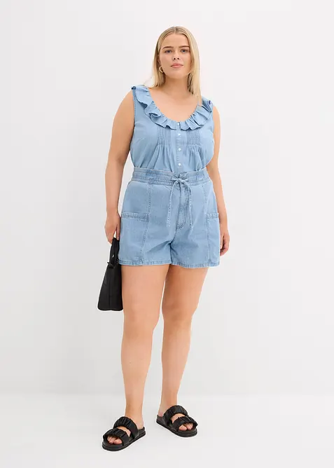 Jeansshorts med res&aring;rlinning och High Waist, bonprix