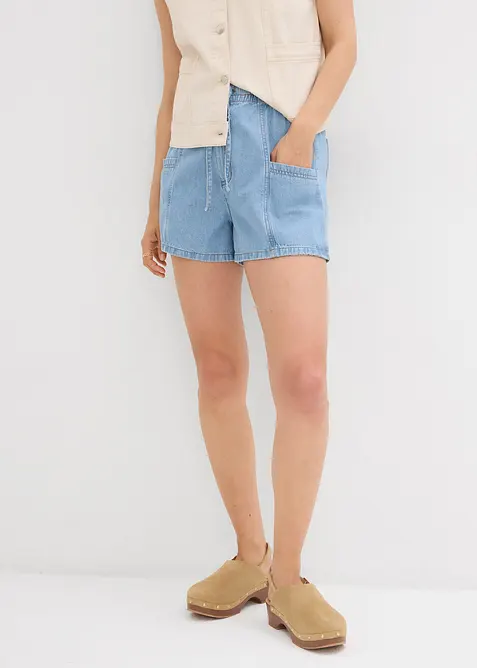Jeansshorts med res&aring;rlinning och High Waist, bonprix