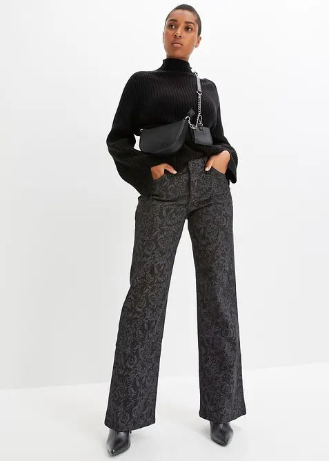 Wide leg-jeans Mid Waist med glansigt m&ouml;nster, bonprix