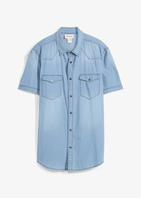 Kort&auml;rmad jeansskjorta i ekologisk bomull, smal passform, bonprix