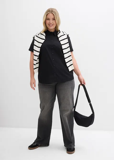 Stretchblus i bomullsmix, kort&auml;rmad, bonprix