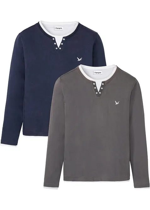 L&aring;ng&auml;rmad T-shirt med 2-i-1-look (2-pack), bonprix
