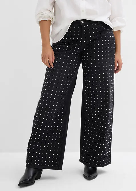 Wide Leg-jeans Mid Waist med strassapplikation, bonprix