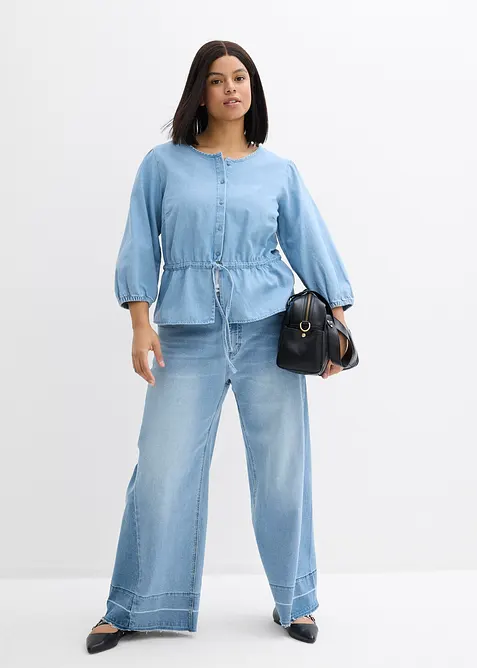 Jeansblus med puff&auml;rmar, bonprix