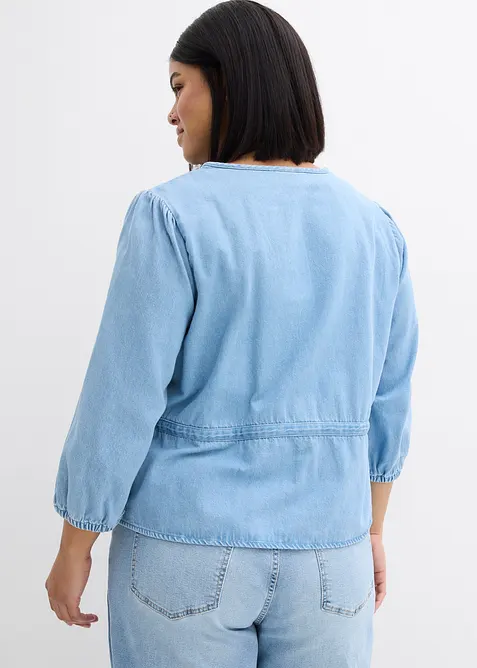 Jeansblus med puff&auml;rmar, bonprix