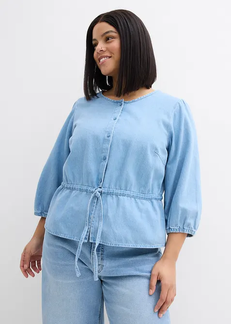 Jeansblus med puff&auml;rmar, bonprix
