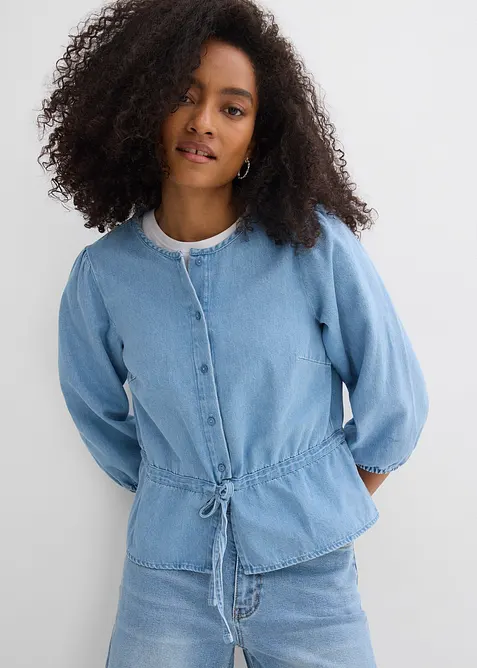 Jeansblus med puff&auml;rmar, bonprix