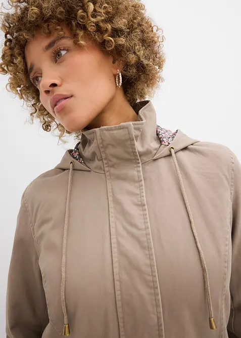 Bomullsparkas med m&ouml;nstrad huva, bonprix