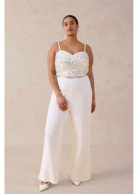 Brudjumpsuit i kr&auml;pp med struktur och med p&auml;rlbroderi, bonprix