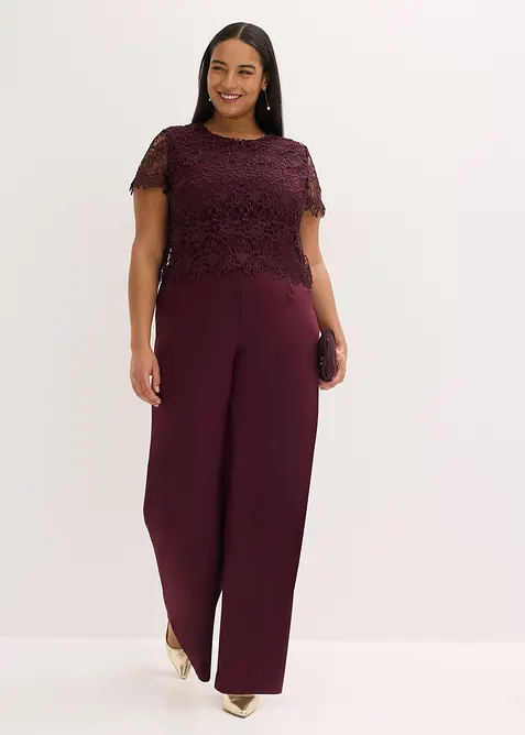 Jumpsuit av stabil trik&aring; med spets, bonprix