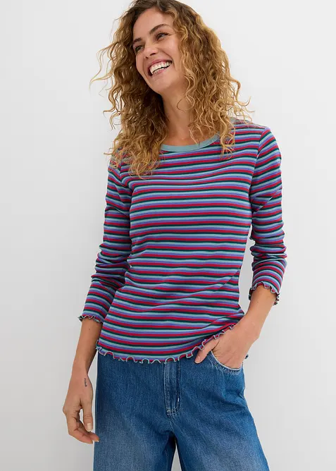 Randig ribbstickad topp i ekologisk bomull, bonprix