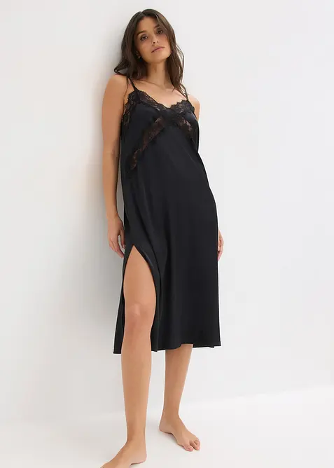 Neglig&eacute; i satin med skir spets, bonprix