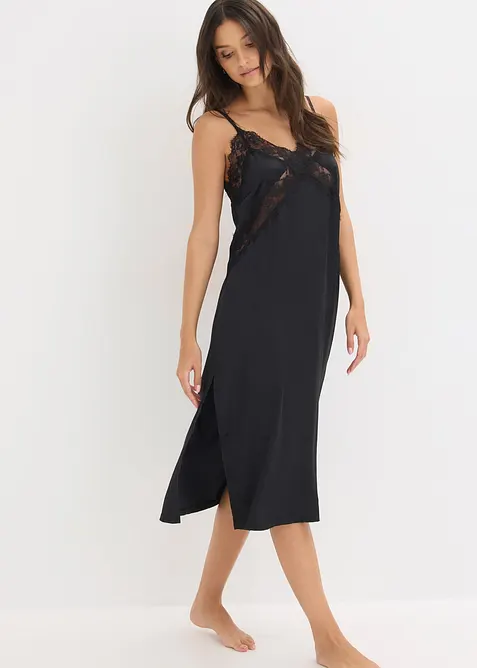 Neglig&eacute; i satin med skir spets, bonprix