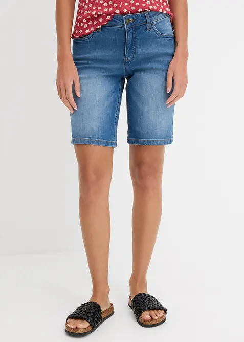 Stretchiga jeansbermudas med f&auml;rgade uppvikta benslut, bonprix