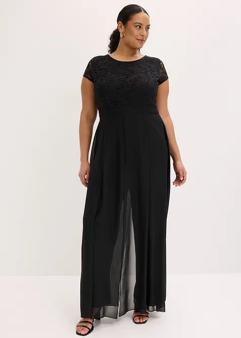 Jumpsuit med spets och chiffonginf&auml;llning, bonprix