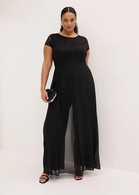 Jumpsuit med spets och chiffonginf&auml;llning, bonprix