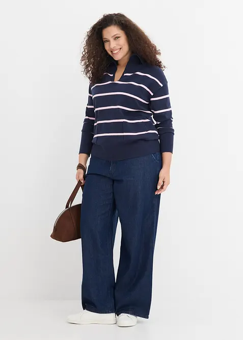 Finstickad tr&ouml;ja med tenniskrage, bonprix