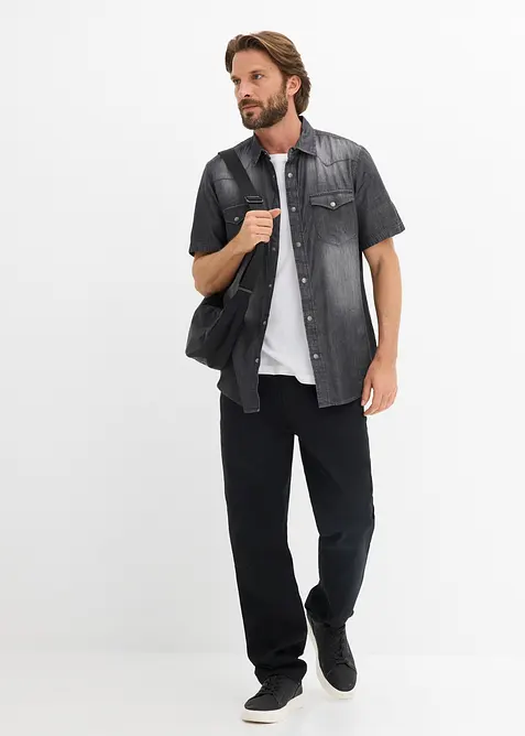 Kort&auml;rmad jeansskjorta i ekologisk bomull, smal passform, bonprix